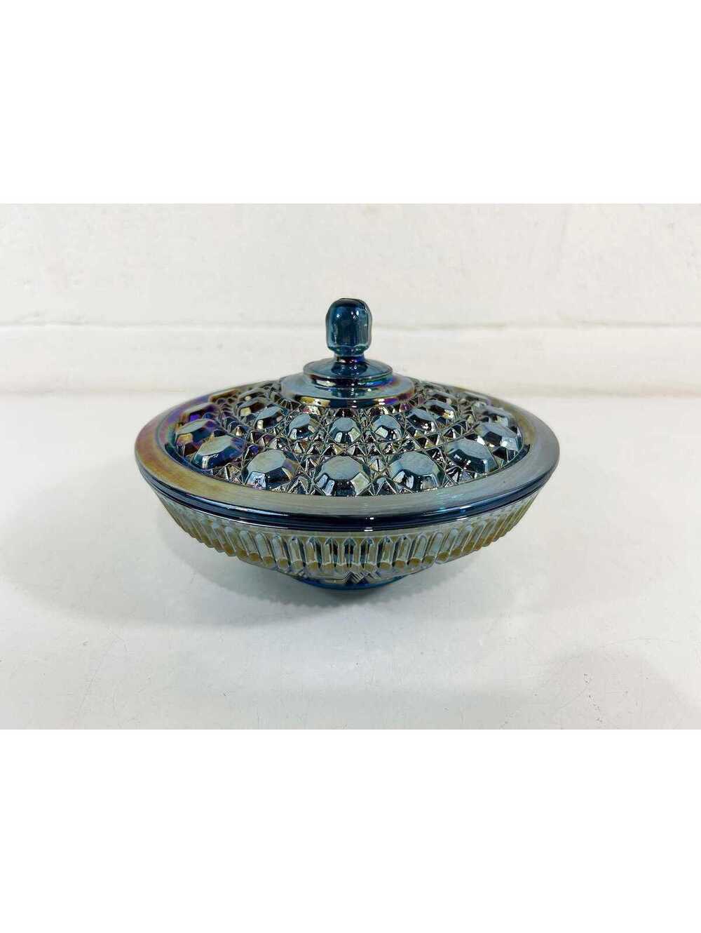 Vintage Glass Covered Candy Dish Lidded Trinket Iridescent Blue Carnival 1970s